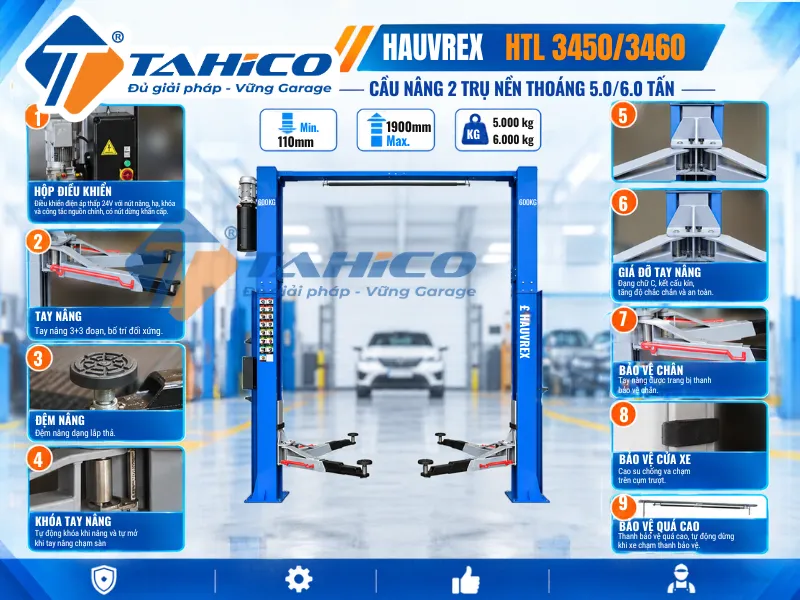 Cầu nâng 2 trụ cáp trên Hauvrex HTL3450/HTL3460