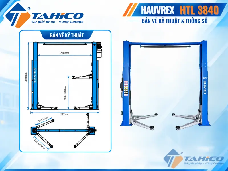 Bản vẽ kỹ thuật sản phẩm Cầu nâng 2 trụ cáp trên Hauvrex HTL3840.