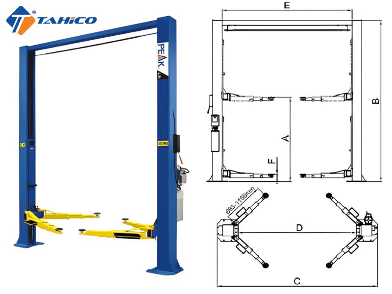 Thông số kỹ thuật cầu nâng 2 trụ cáp trên Peak 208C
