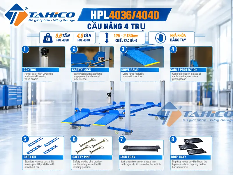 Hình ảnh các chi tiết sản phẩm Cầu nâng 4 trụ Hauvrex HPL4036/HPL4040.