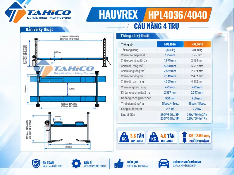 Cầu nâng 4 trụ Hauvrex HPL4036/HPL4040
