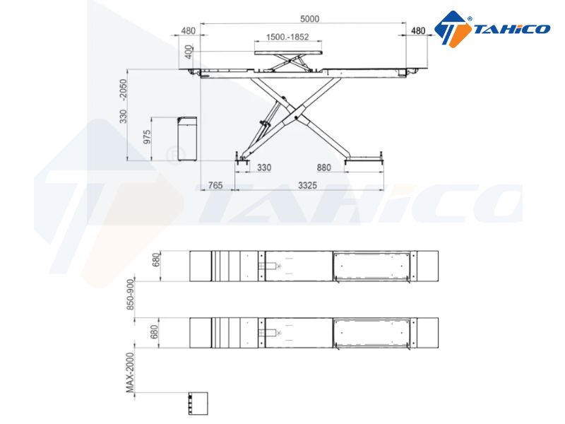 Thông số kỹ thuật của cầu nâng cắt kéo 2 tầng, 5 tấn, móng chìm BRIGHT 500-WT50E