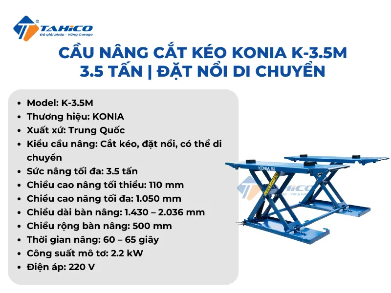 Cầu nâng cắt kéo Konia K-3.5M 3.5 tấn | Đặt nổi di chuyển