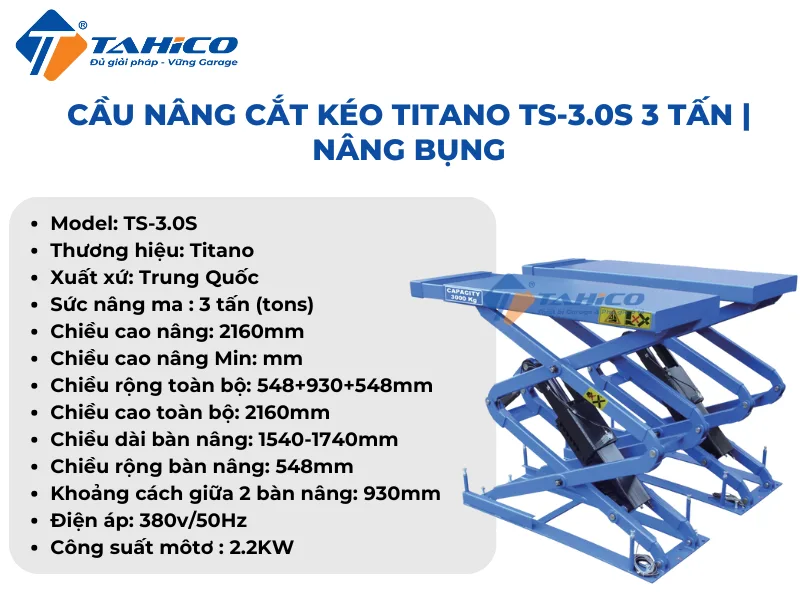 Đặc điểm sản phẩm Cầu nâng cắt kéo Titano TS-3.0S 3 tấn | Nâng bụng