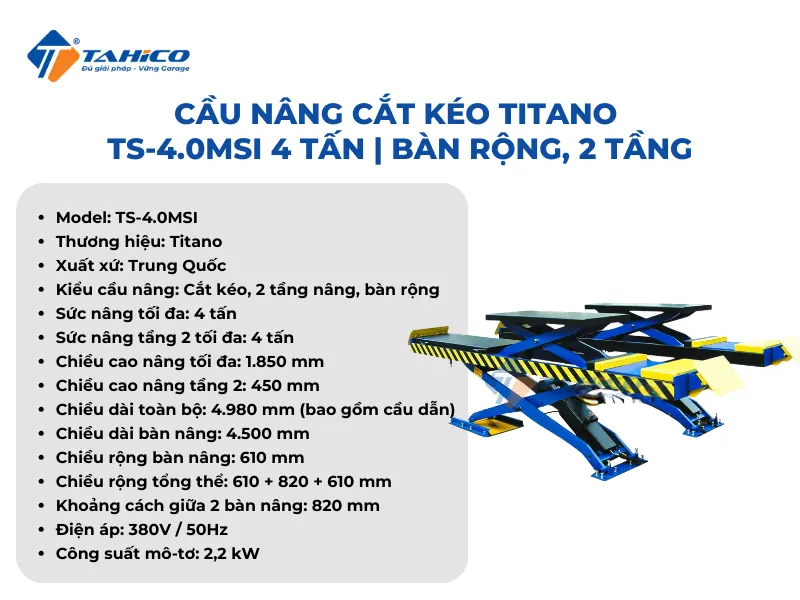 Cầu nâng cắt kéo Titano TS-4.0MSI 4 tấn | Bàn rộng, 2 tầng