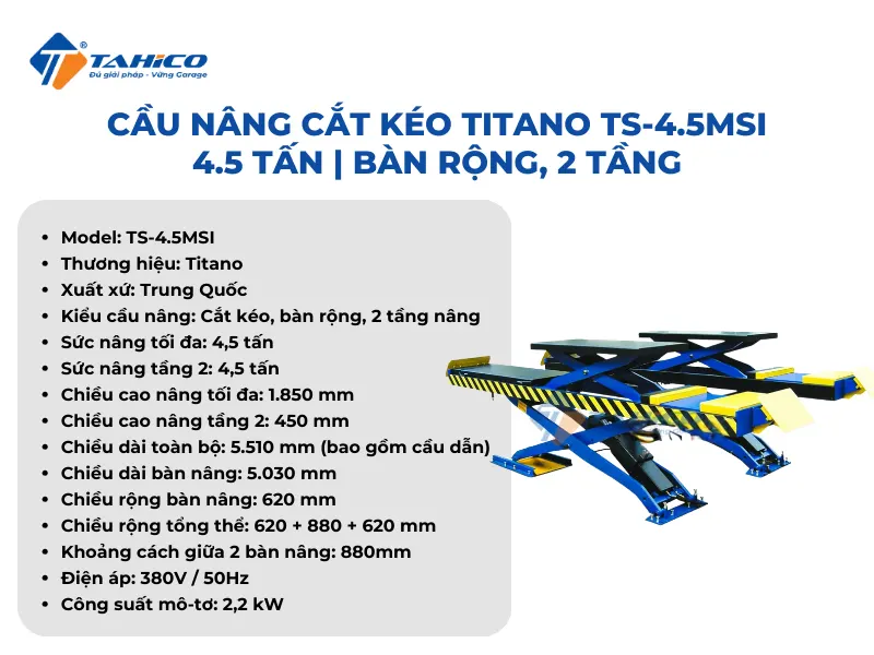 Cầu nâng cắt kéo Titano TS-4.5MSI 4.5 tấn | Bàn rộng, 2 tầng