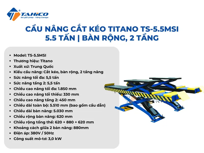 Cầu nâng cắt kéo Titano TS-5.5MSI 5.5 tấn | Bàn rộng, 2 tầng