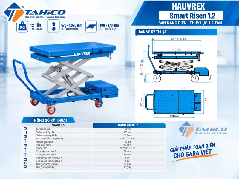 Bản vẽ và Thông số kỹ thuật của sản phẩm Cầu nâng di động Hauvrex Smart Risen 1.2.