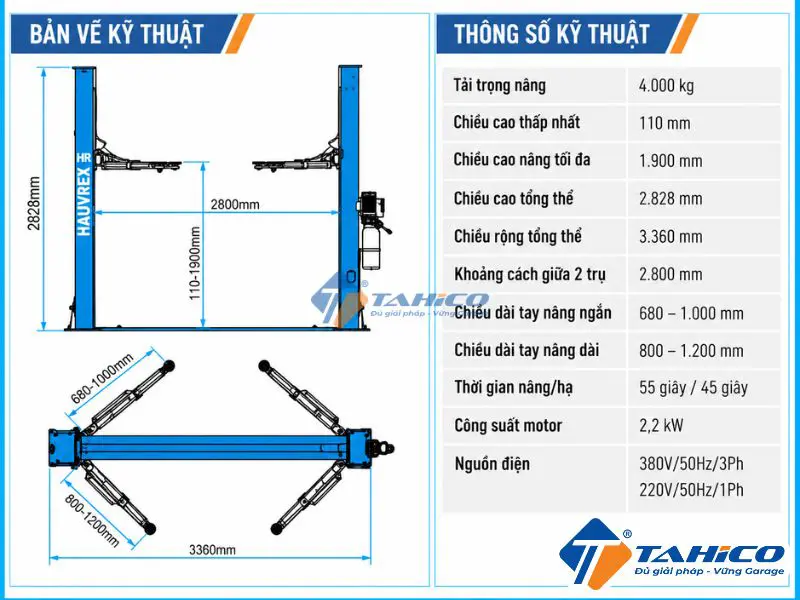 Cầu nâng 2 trụ cáp dưới Hauvrex HTL2140S.