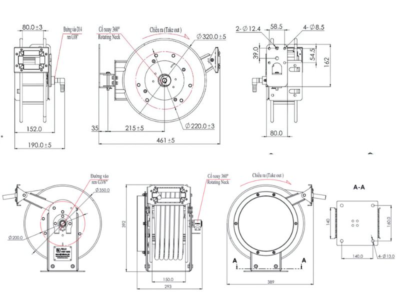 Bảng vẽ Rulo và Khung Rulo cuộn ống rửa xe dây đai RL01VH/ KRL01VH