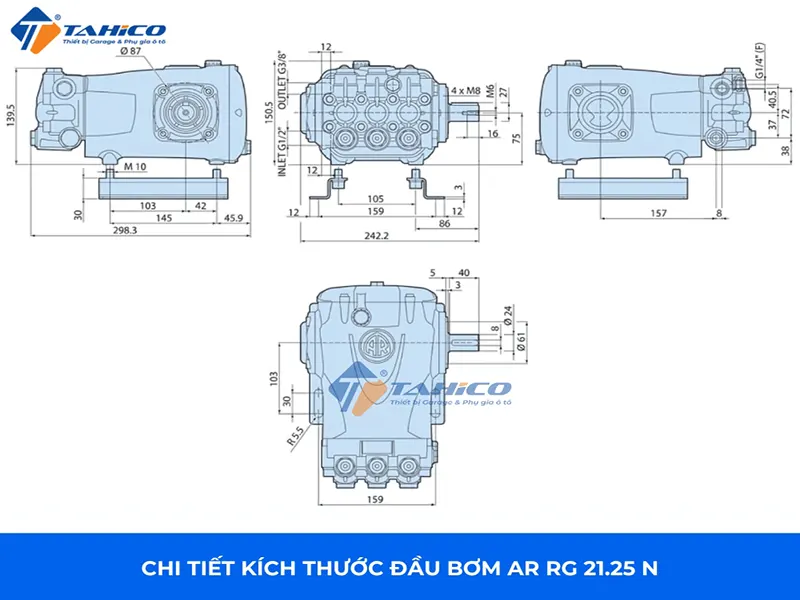 Bảng vẽ đầu bơm AR RG21.25N của Ý 14hp 3 pha 380V