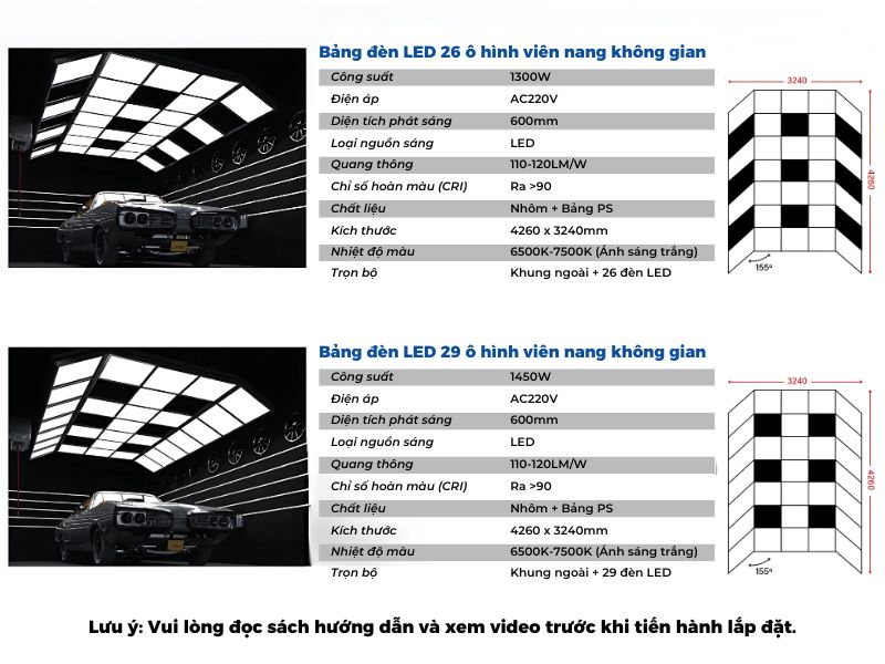 Thông số kỹ thuật đèn LED detailing dạng viên nang không gian 26 ô và 29 ô