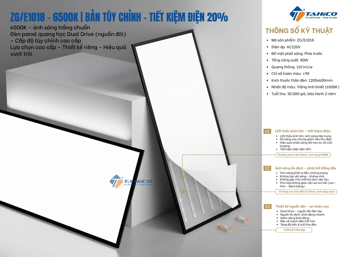 Đèn LED panel Gonengo dạng phẳng quang học 600×1200mm 48W