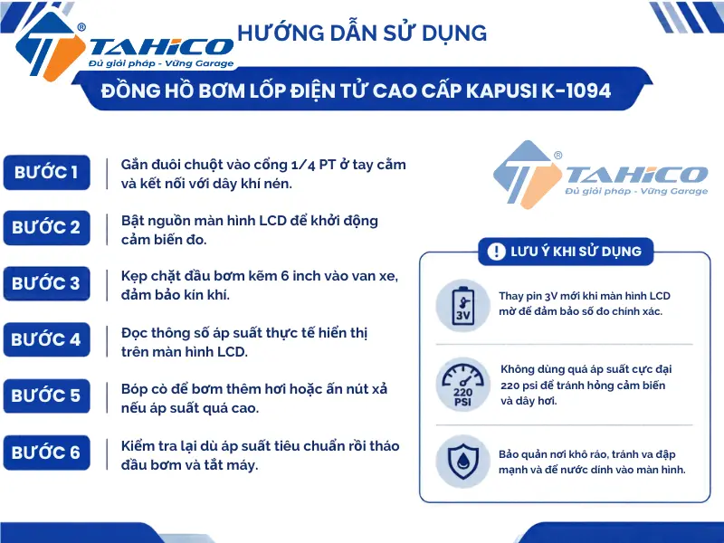 Hướng dẫn sử dụng sản phẩm Đồng hồ bơm lốp điện tử cao cấp Kapusi K-1094.