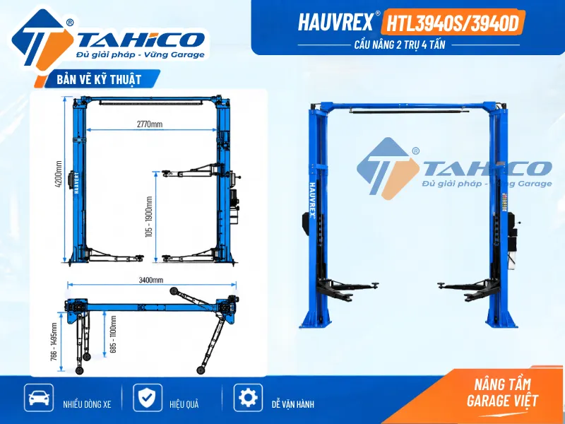 Bản vẽ kỹ thuật sản phẩm Cầu nâng 2 trụ cáp trên Hauvrex HTL3940S/HTL3940D.