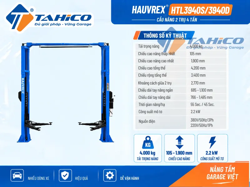Thông số kỹ thuật sản phẩm Cầu nâng 2 trụ cáp trên Hauvrex HTL3940S/HTL3940D.