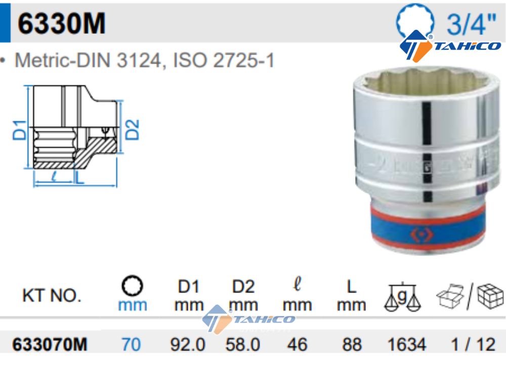 Khẩu tuýp 3/4" Kingtony 633070M - 70mm, 12 cạnh, Trắng, Dài 88mm