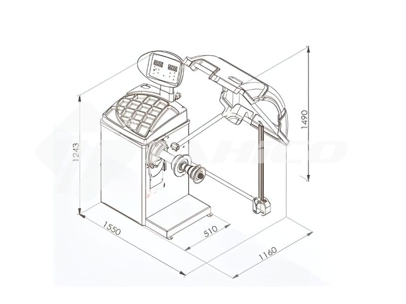 Kích thước máy cân bằng lốp ô tô công nghệ Italy Bright CB68B