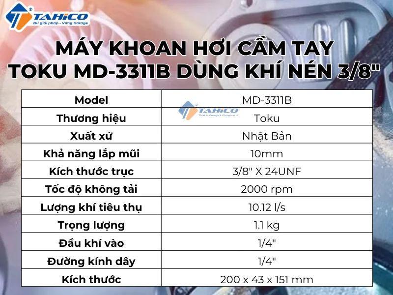 Hình ảnh sản phẩm Máy khoan hơi cầm tay Toku MD-3311B dùng khí nén 3/8″