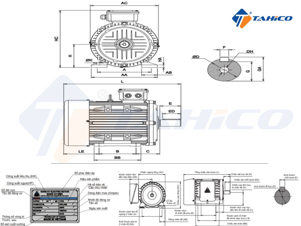 Mô tơ Hồng Ký vỏ nhôm 3 pha 1450 vòng/phút