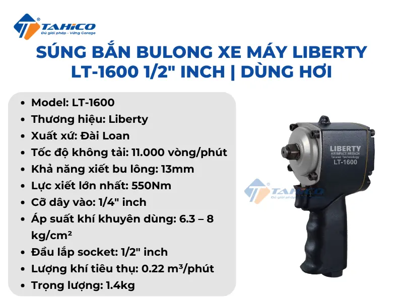 Súng bắn bulong xe máy Liberty LT-1600 1/2″ inch |Dùng hơi