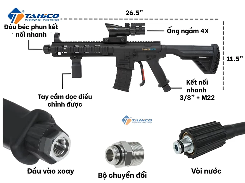 Kích thước súng rửa xe cao áp 5000 PSI dạng súng trường AR15