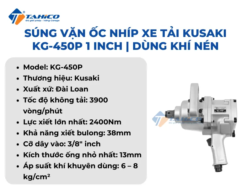 Súng vặn ốc nhíp xe tải Kusaki KG-450P 1 inch | Dùng khí nén