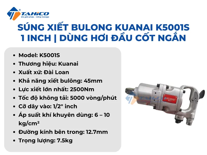Súng xiết bulong Kuanai K5001S 1 inch | Dùng hơi đầu cốt ngắn