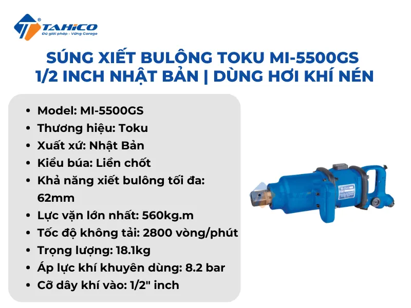 Súng xiết bulông Toku MI-5500GS 1/2 inch Nhật Bản | Dùng hơi khí nén