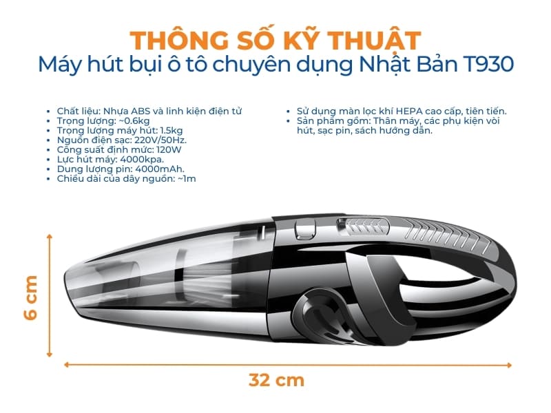 Thông số kỹ thuật máy hút bụi ô tô chuyên dụng Nhật Bản T9300