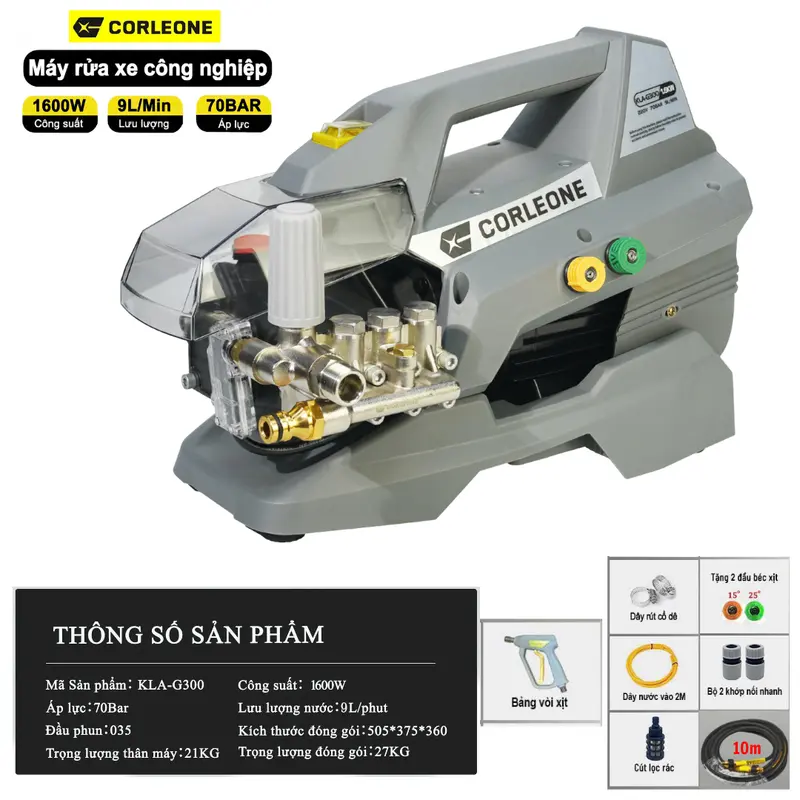 Máy Rửa Xe Corleone G300 Đầu Bơm Công Nghiệp 1600W 70 Bar 9L/Phút | Động Cơ Cảm Ứng Từ Lõi Đồng