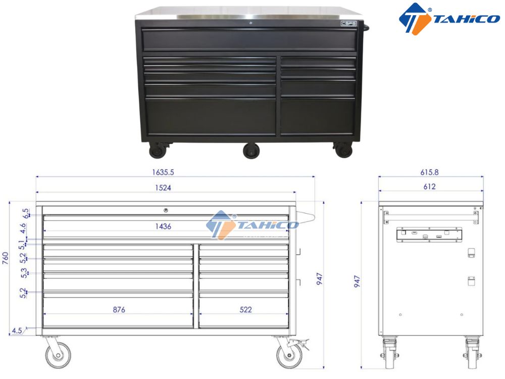 Tủ dụng cụ 9 hộc kéo CSPS 152cm | Màu đen, trắng, xanh