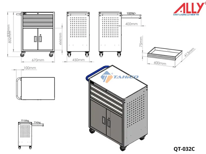 Tủ đựng đồ nghề ALLY QT-032C/ QT-05PT 2 cánh 3 ngăn