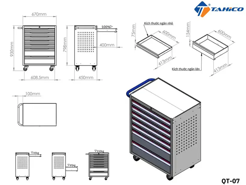 Tủ đựng đồ nghề ALLY QT-07 | 7 ngăn kéo có bánh xe